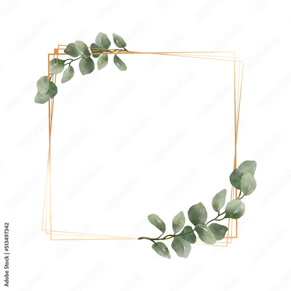 Greenery Eucalyptus Leaves Watercolor with geometric luxury gold frame
