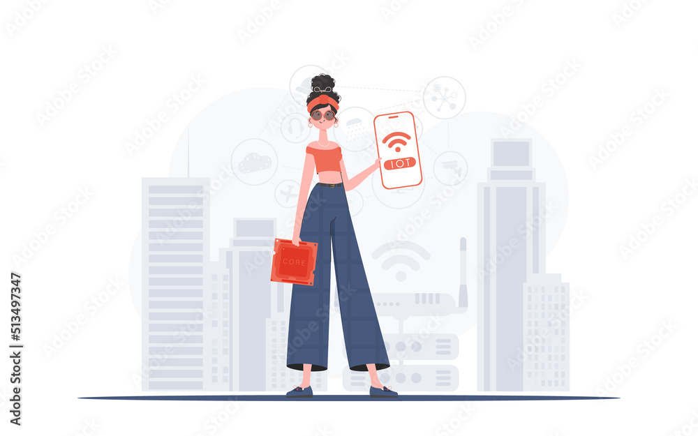 IOT and automation concept. A woman holds a phone with the IoT logo in her hands. Trendy flat style. Vector illustration. IOT and automation concept. A woman holds a phone with the IoT logo in her hands. Trendy flat style. Vector illustration.