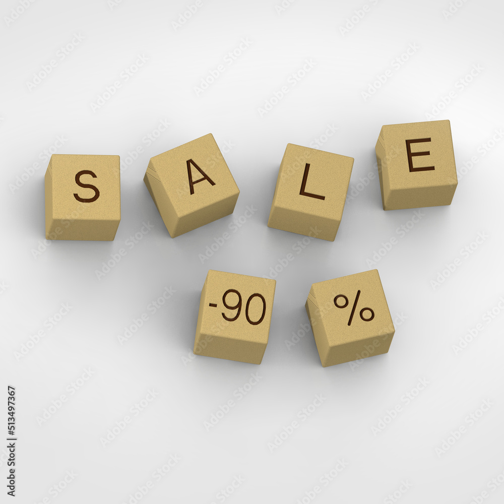 inscription from the sale of wooden cubes minus ninety percent. wooden cubes on white background. Square image. 3D image. 3D rendering. inscription from the sale of wooden cubes minus ninety percent. wooden cubes on white background. Square image. 3D image. 3D rendering.