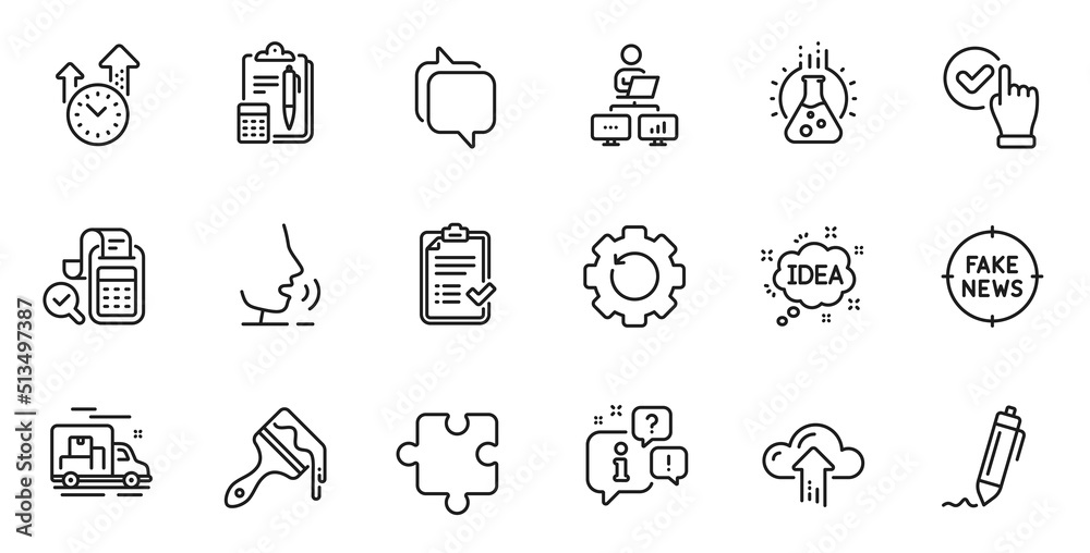 Outline set of Idea, Time management and Bill accounting line icons for web application. Talk, information, delivery truck outline icon. Include Puzzle, Accounting, Brush icons. Vector