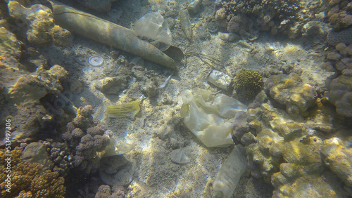 Seabed of beautiful coral reef covered with plastic and other garbage  Red sea  Egypt