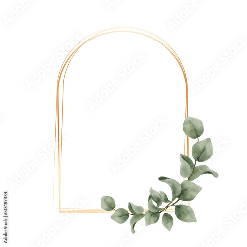 Greenery Eucalyptus Leaves Watercolor with geometric luxury gold frame isolated on white background. Natural border for wedding, invitation and card vector illustration