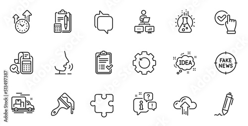 Outline set of Idea, Time management and Bill accounting line icons for web application. Talk, information, delivery truck outline icon. Include Puzzle, Accounting, Brush icons. Vector