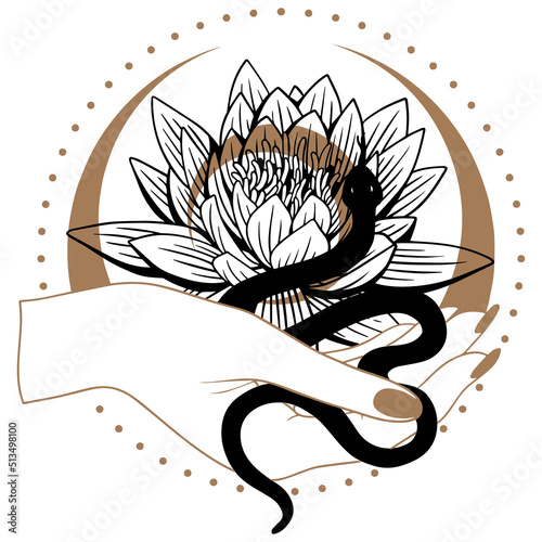 Boho mystical snakes with moon,  magic and floral elements in trendy occult style. esoteric serpent with mystical magic objects for tattoo, t-shirt, prints. Celestial Spiritual occultism