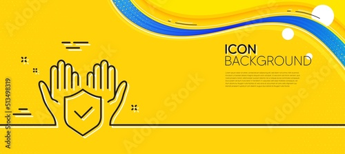 Insurance hands line icon. Abstract yellow background. Risk coverage sign. Policyholder protection symbol. Minimal insurance hand line icon. Wave banner concept. Vector