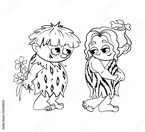 Prehistoric primitive man gives chamomile flowers to a primitive girl.Comic book characters in black and white cartoon style. Stickers, decals, character for animation. Vector illustration