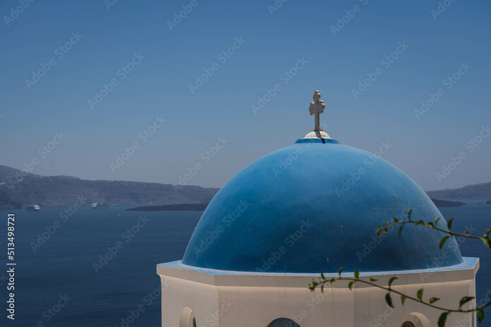Greece, Cyclades Islands, Santorini, Oia, Church with bell tower at coast 