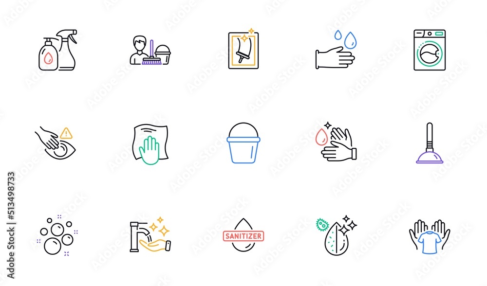 Dont touch, Hand sanitizer and Dirty water line icons for website, printing. Collection of Wash hands, Washing hands, Washing machine icons. Hold t-shirt, Rubber gloves. Vector Dont touch, Hand sanitizer and Dirty water line icons for website, printing. Collection of Wash hands, Washing hands, Washing machine icons. Hold t-shirt, Rubber gloves. Vector