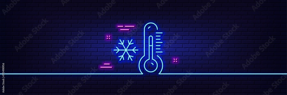 Neon light glow effect. Low thermometer line icon. Temperature diagnostic sign. Fever measuring symbol. 3d line neon glow icon. Brick wall banner. Low thermometer outline. Vector Neon light glow effect. Low thermometer line icon. Temperature diagnostic sign. Fever measuring symbol. 3d line neon glow icon. Brick wall banner. Low thermometer outline. Vector