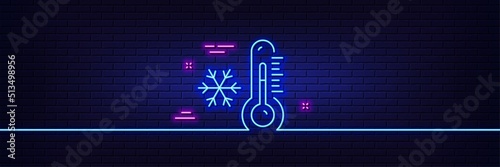 Neon light glow effect. Low thermometer line icon. Temperature diagnostic sign. Fever measuring symbol. 3d line neon glow icon. Brick wall banner. Low thermometer outline. Vector