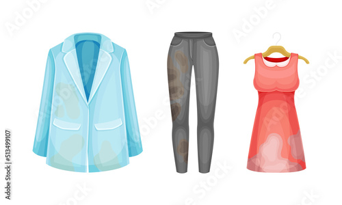 Dirty clothes set. Stained jacket, jeans and dress vector illustration