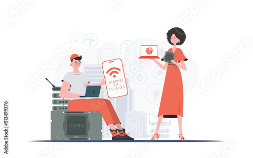 IoT concept. The girl and the guy are a team in the field of Internet of things. Good for websites and presentations. Vector illustration.