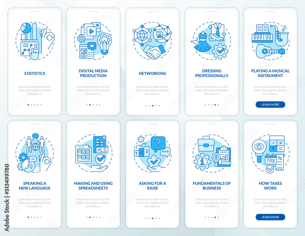Important skills for life blue onboarding mobile app screen set. Walkthrough 5 steps editable graphic instructions with linear concepts. UI, UX, GUI template. Myriad Pro-Bold, Regular fonts used