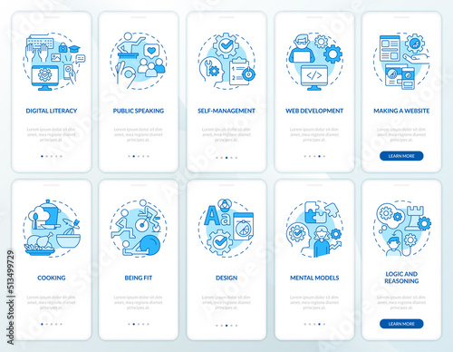 Important life skills blue onboarding mobile app screen set. Learning walkthrough 5 steps editable graphic instructions with linear concepts. UI, UX, GUI template. Myriad Pro-Bold, Regular fonts used