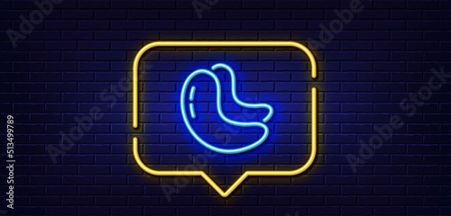 Neon light speech bubble. Cashew nut line icon. Tasty nuts sign. Vegan food symbol. Neon light background. Cashew nut glow line. Brick wall banner. Vector