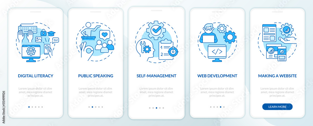 Important competencies blue onboarding mobile app screen. Profession walkthrough 5 steps editable graphic instructions with linear concepts. UI, UX, GUI template. Myriad Pro-Bold, Regular fonts used