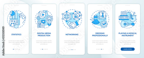 Professional skills blue onboarding mobile app screen. Career walkthrough 5 steps editable graphic instructions with linear concepts. UI, UX, GUI template. Myriad Pro-Bold, Regular fonts used