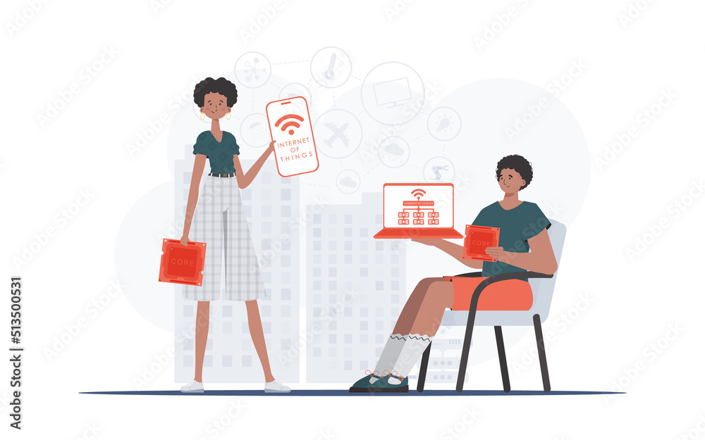 IOT and automation concept. The girl and the guy are a team in the field of Internet of things. Good for presentations and websites. Vector illustration in flat style.