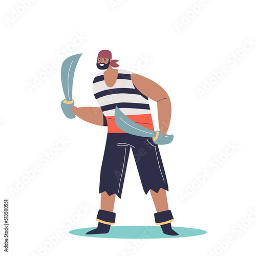 Pirate, thug or corsair, angry senior filibuster wear ragged clothes with sabers