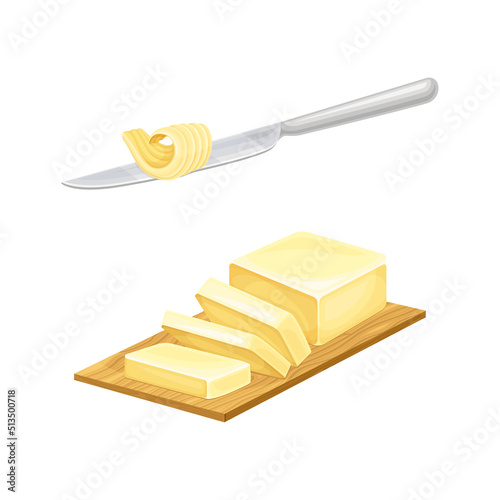 Sliced piece of butter and knife with butter curl vector illustration