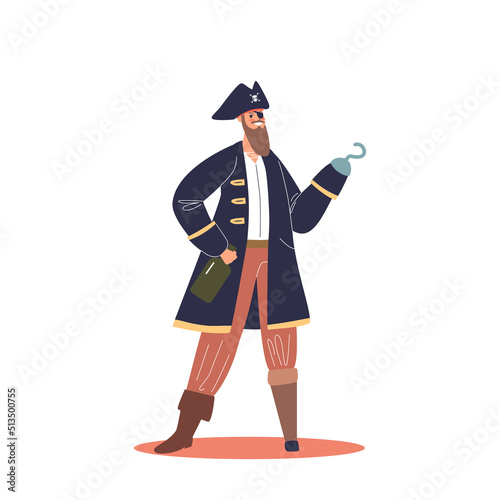Pirate with bottle of rum, patch on eye and hook hand. Buccaneer, sailor cartoon character