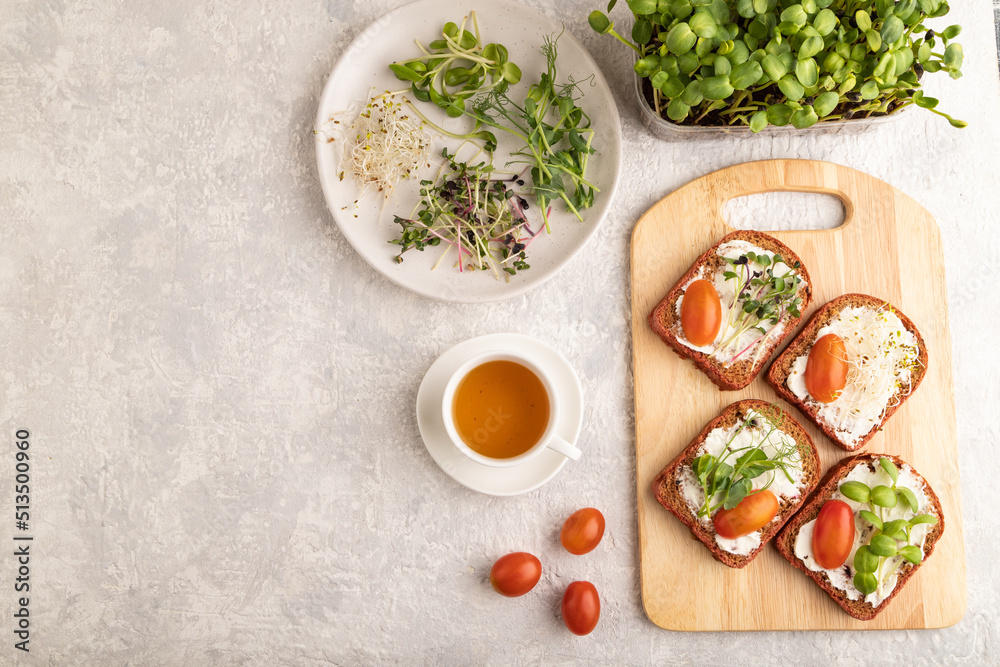 Red beet bread sandwiches with cream cheese, tomatoes and microgreen on gray. top view.