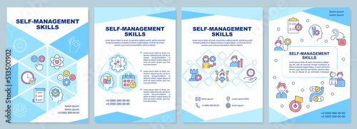 Self-management skills blue brochure template. Efficiency. Leaflet design with linear icons. Editable 4 vector layouts for presentation, annual reports. Arial-Black, Myriad Pro-Regular fonts used