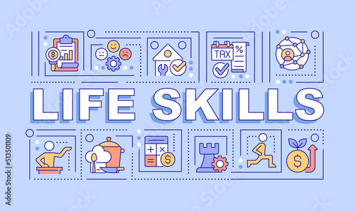 Life skills word concepts purple banner. Important competencies. Infographics with editable icons on color background. Isolated typography. Vector illustration with text. Arial-Black font used