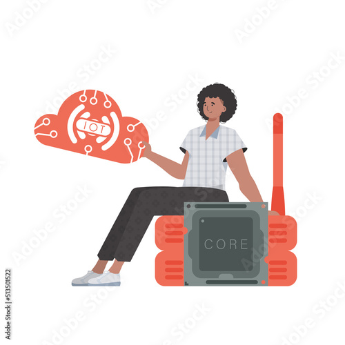 The guy sits on the router and holds the internet of things logo in his hands. IoT concept. Isolated. Vector illustration in trendy flat style.