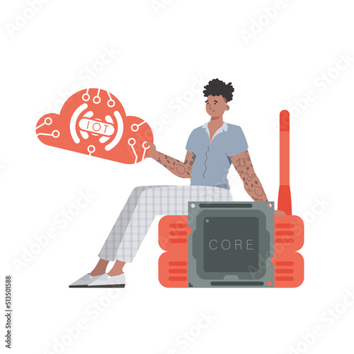 The guy sits on the router and holds the internet of things logo in his hands. IoT concept. Isolated. Vector illustration in flat style.