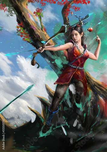a beautiful elf girl with long ears shoots a magic bow at targets and apples. in the background is a tree with red leaves, and clouds and blue sky are visible. she's wearing a red dress, boots. 2d art