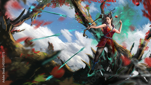 a beautiful elf girl with long ears shoots a magic bow at targets and apples. in the background is a tree with red leaves, and clouds and blue sky are visible. she's wearing a red dress, boots. 2d art