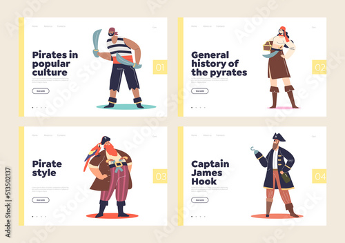 Pirates in popular culture concept of landing pages set with cartoon pirate ship sailors, captains