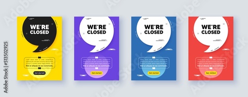 Poster frame with quote, comma. We are closed tag. Business closure sign. Store bankruptcy symbol. Quotation offer bubble. Closed message. Vector photo