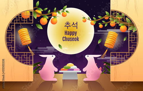 Happy Chuseok, Mid autumn festival, rabbits , Fantasy Background