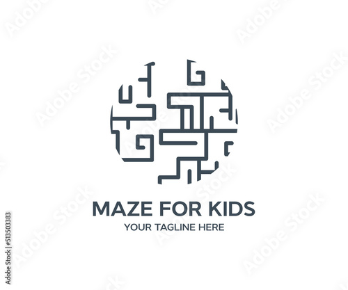 Round maze, Circle labyrinth, Maze for kids logo design. Line maze game vector design and illustration. 