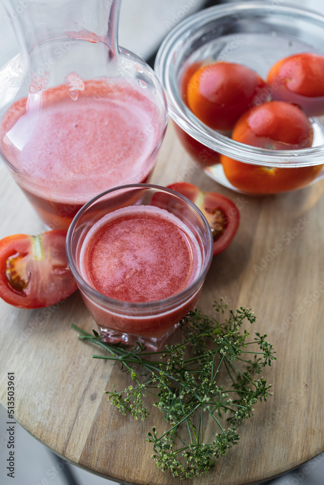 Freshly made and homemade red tomato juice. Tomato-based healthy breakfast or drink Freshly made and homemade red tomato juice. Tomato-based healthy breakfast or drink