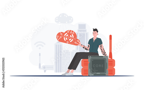 IoT concept. The guy sits on the router and holds the internet of things logo in his hands. Vector illustration.