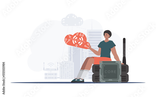 Internet of things and automation concept. The guy sits on the router and holds the internet of things logo in his hands. Vector illustration in trendy flat style.