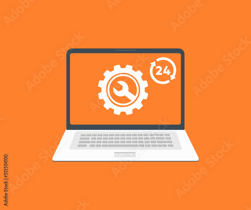 Laptop Screen, Customer support or service flat concept logo design. Digital user support at any time, Call center, telemarketing, customer support vector design and illustration.