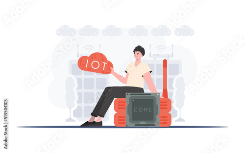 Internet of things concept. The guy sits on the router and holds the internet of things logo in his hands. Vector illustration.