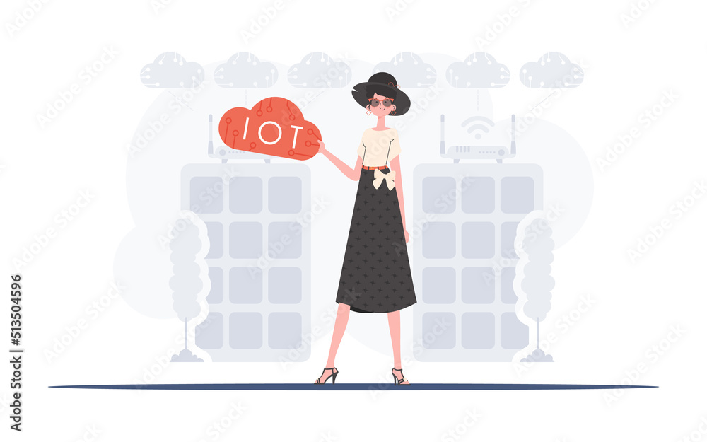A woman is holding an internet thing icon in her hands. IoT concept. Good for websites and presentations. Vector illustration. A woman is holding an internet thing icon in her hands. IoT concept. Good for websites and presentations. Vector illustration.