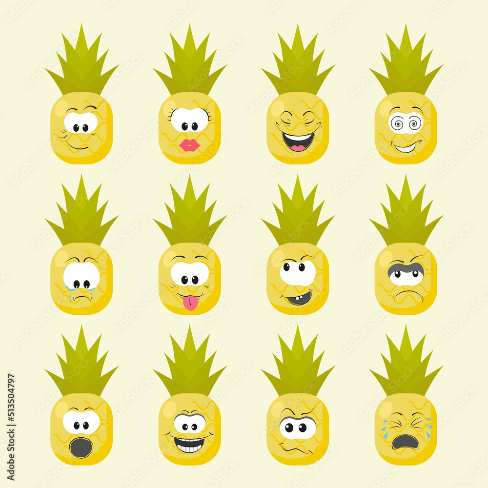 pineapple with emotions with kawaii eyes. Flat design vector illustration of pineapple with emotions 
on white background.