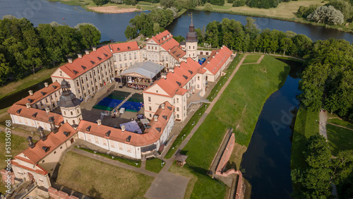 Aerial view of Nesvizh Castle, Belarus. Medieval castle and palace. Restored medieval fortress. Heritage concepts. photo