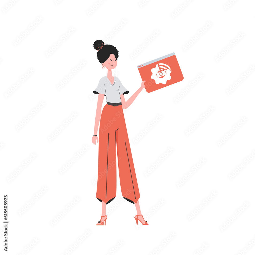 The girl holds the IoT logo in her hands. IOT and automation concept. Isolated. Trendy flat style. Vector illustration.