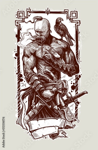Graphic detailed ukrainian cossack warrior with hawk smoking pipe and holding sword. Vector with frame and trident sign.