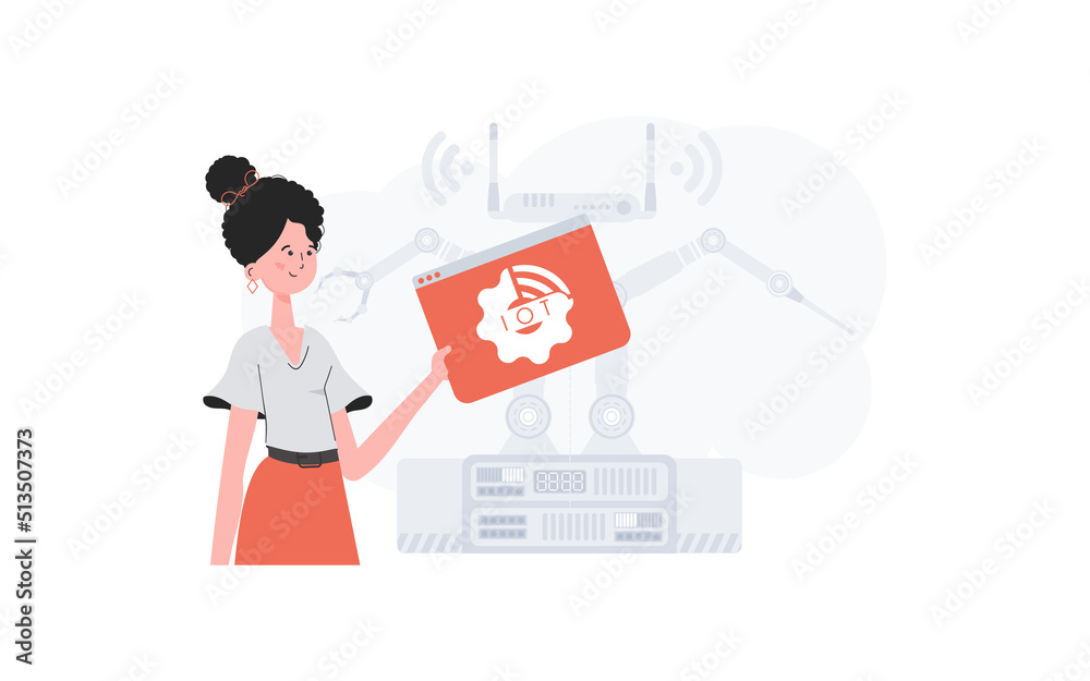 A woman is holding an internet thing icon in her hands. Internet of things concept. Good for websites and presentations. Vector illustration.