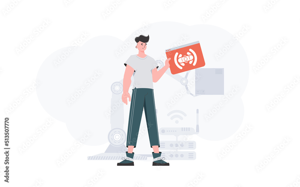 The guy is holding an internet thing icon in his hands. IoT concept. Good for presentations and websites. Vector illustration in trendy flat style.