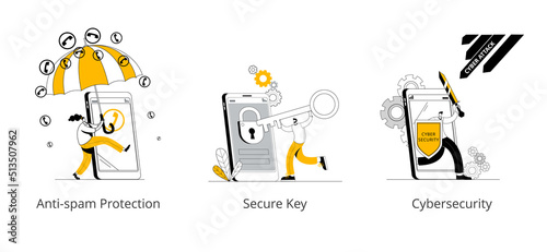 A man with a shield and a sword protects his mobile phone. A set of vector illustrations on the topic of protecting your smartphone from cyber attacks, hacking and spam calls.