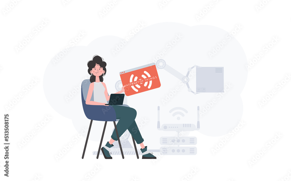 Fototapeta premium A woman is holding an internet thing icon in her hands. IoT concept. Good for presentations and websites. Vector illustration in trendy flat style.